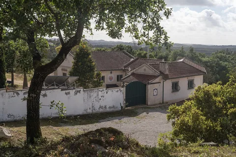 En vitkalkad gård med tegeltak och grön port bakom en låg mur, omgiven av fruktträd med kullar och skog i bakgrunden