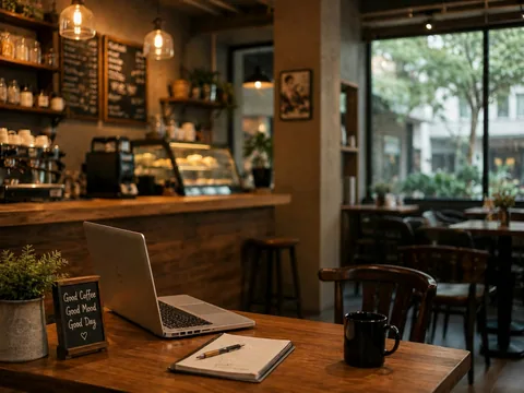 Bärbar dator, anteckningsbok och kaffemugg på ett träbord i ett kafé