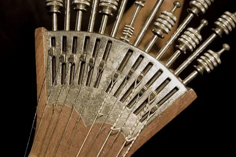 Närbild på stämmekaniken till en portugisisk gitarr: en solfjäderformad metallplatta med rader av skruvar över de spända strängarna