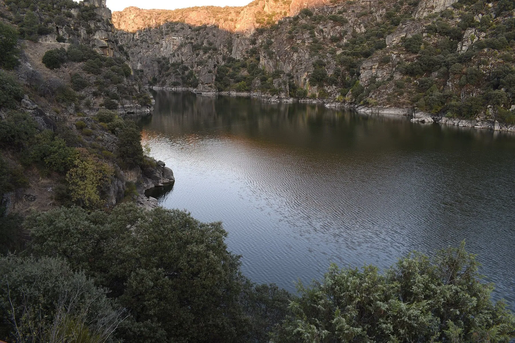 Douro rinner mörk och stilla mellan branta klippsidor med gles buskvegetation i den djupa gränsravinen