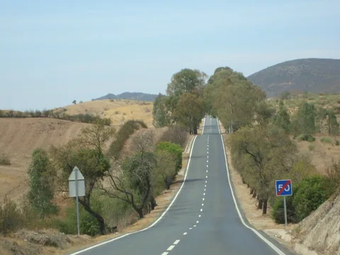 Tom nationalväg som löper rakt fram genom torra kullar med spridda träd i Alentejo